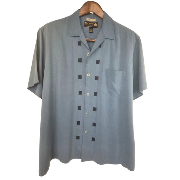 Nat Nast Y2K Silk Camp Shirt Men XL Rain Blue Black Embroider Retro Bowling Styl - Picture 2 of 13